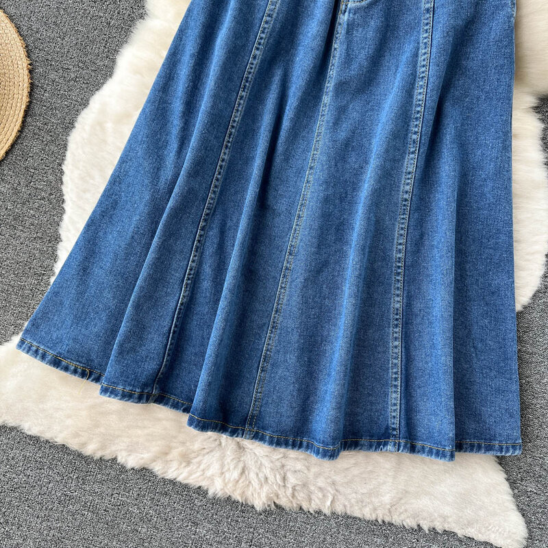 Summer Women Retro High Waist Blue Denim Skirts A Line Casual High Elastic Waist Streetwear Midi Pleated Button Jeans Skirt Chic