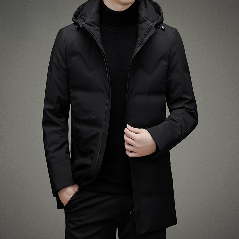 2022 zima męska nowa moda Business Casual dół płaszcze męskie Slim ciepłe płaszcze z kapturem mężczyźni długi biały kurtki z puchu kaczego V40