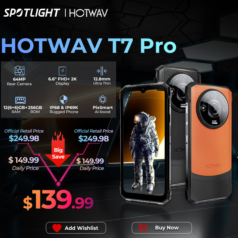 HOTWAV-T7 Pro Smartphone Robusto, Telefone Móvel, 64MP, Android 13, 6.6 "FHD + 2K, 6280mAh, 12 6GB + 6GB, 256GB, Estreia Mundial