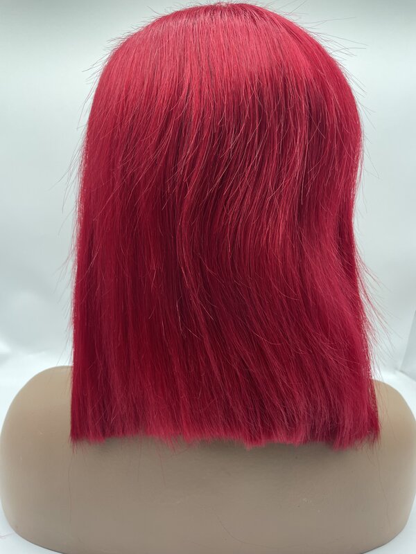 N.L.W czerwony kolor koronki z przodu ludzkie włosy peruki 13*4 krótki Bob proste ludzkie peruki 12 cali przednie włosy dla kobiet 180% gęstość