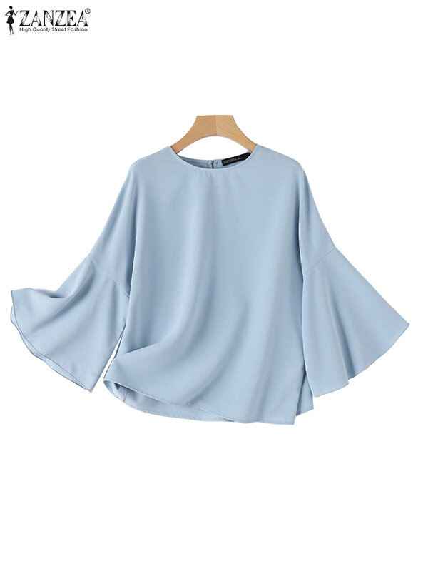 ZANZEA Fashion Korean Swing Shirts Women Flare Sleeve Blouse 2023 Autumn Solid Color Chemise Casual Loose Round Neck Tops Tunic