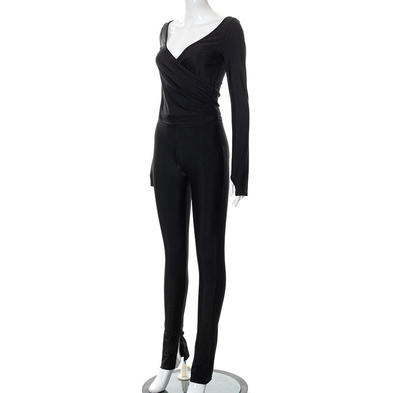 Однотонный черный повседневный комплект из двух предметов, женские модные Сексуальные облегающие топы с V-образным вырезом и длинными рукавами, брюки с высокой талией и разрезом, костюмы