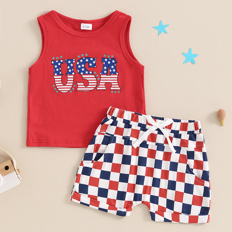 2024-04-03 Lioraitiin Toddler Boys 4th of July Outfits Letter/Eagle Sleeveless Tank Tops Stars/Checkerboard Shorts Clothes Set
