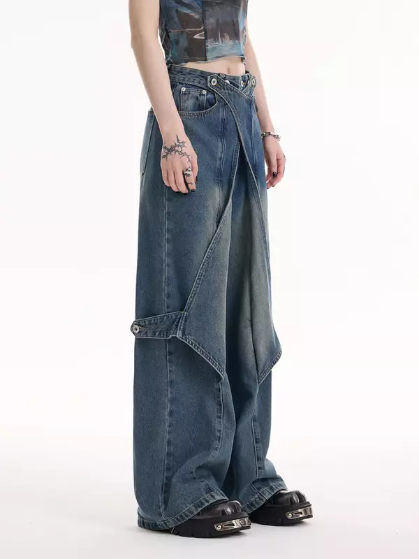 Retro niche washed denim micro flared jeans with men's and women's patchwork design, loose and personalized trend wide leg pants