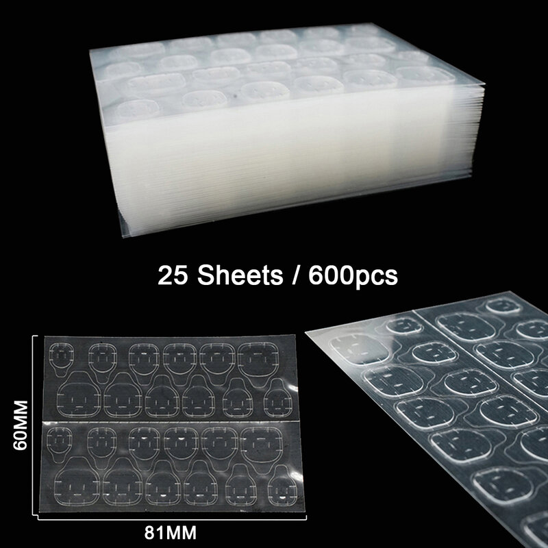 25 fogli/600 pezzi adesivi adesivi per unghie a doppia faccia impermeabile traspirante trasparente adesivo per unghie finte punte per unghie in gelatina
