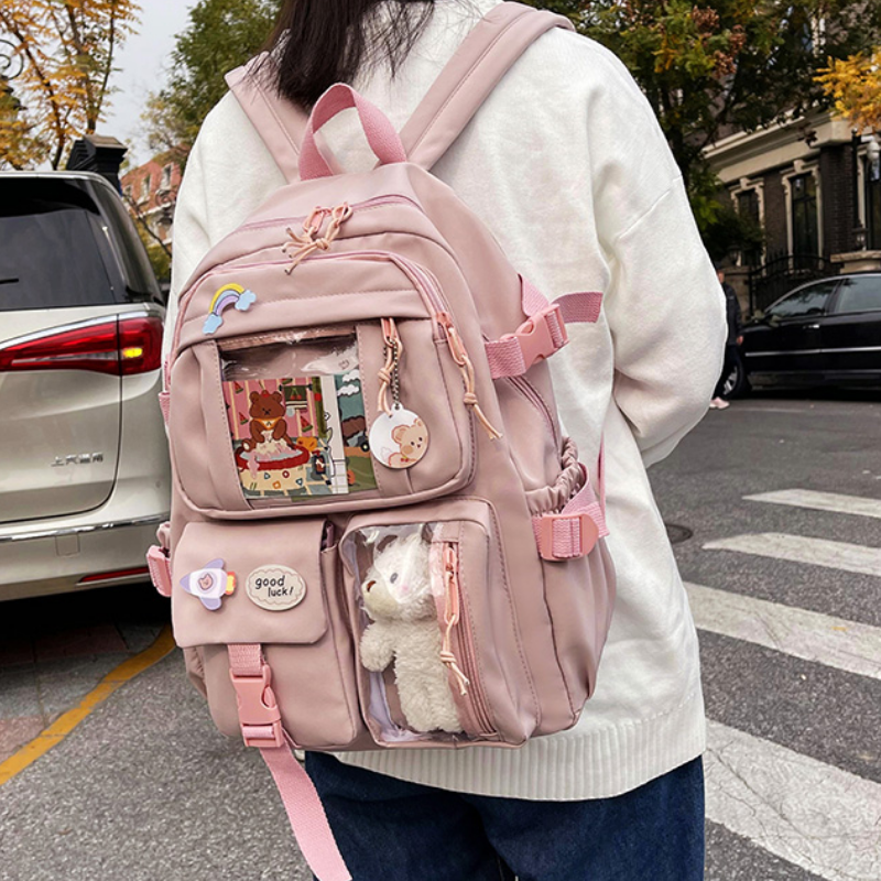 Mochila escolar de nailon con múltiples bolsillos para niñas y niños, morral escolar impermeable para estudiantes, Kawaii mochila para portátil y libros