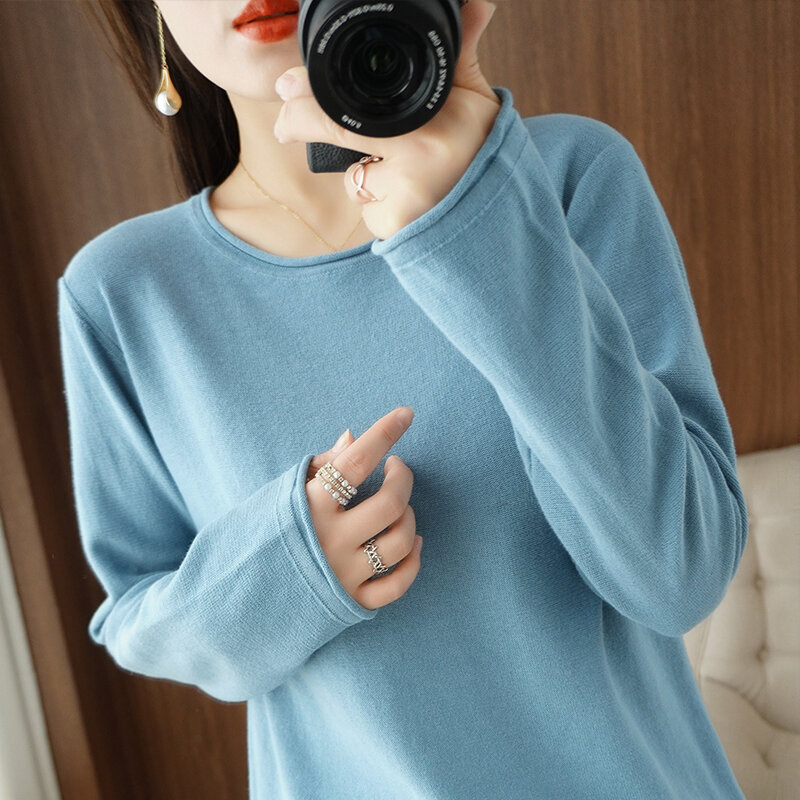 Pulôver feminino com gola redonda, suéter 100% algodão, malha casual, tops soltos, blusa básica, monocromática, primavera, outono