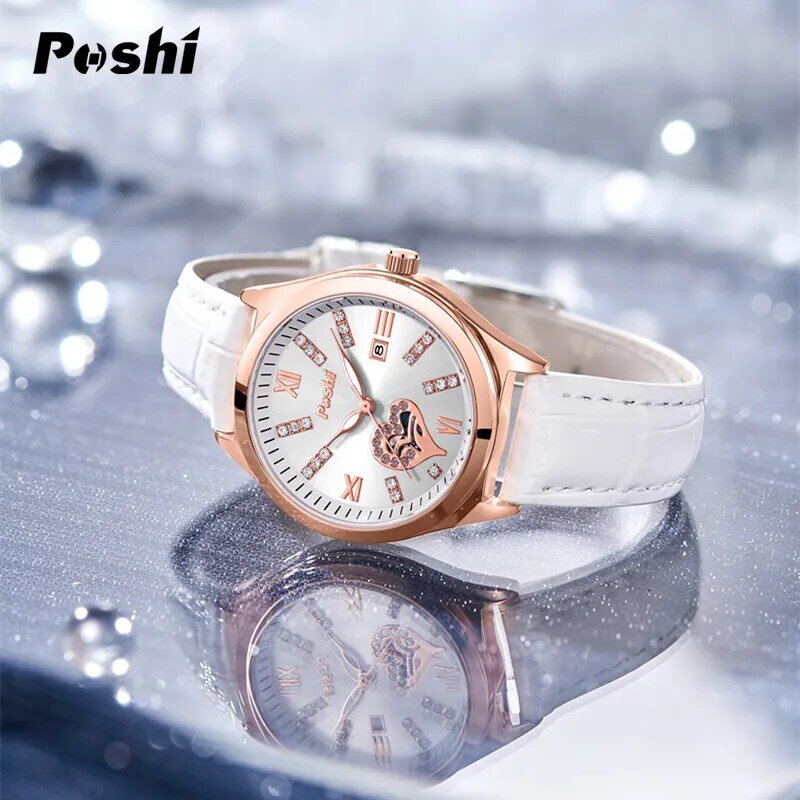 Poshi นาฬิกาแฟชั่นสำหรับผู้หญิงนาฬิกาควอทซ์สบายสร้อยข้อมือหนังหน้าปัดเพชรนาฬิกาข้อมือนาฬิกาสตรีวันที่