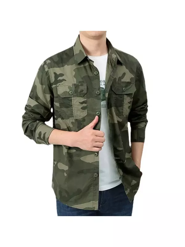 Men's Cotton Shirt Long-sleeved Spring and Autumn New Work Clothes Loose Casual Camouflage Coat Large Size MLXL2XL3XL4XL5XL