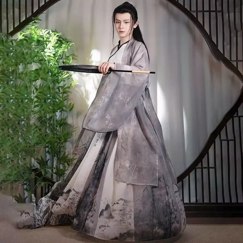 Мужской традиционный костюм Hanfu большого размера 2XL с китайским принтом, мужской карнавальный костюм Hanfu на Хэллоуин, серый костюм Hanfu, рубашка + юбка + пальто