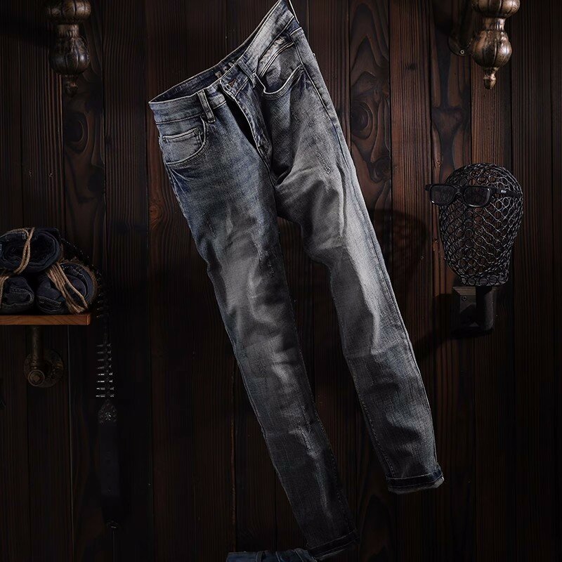 Projektant mody męskie dżinsy wysokiej jakości Retro szary niebieski elastyczny Slim Fit porwane jeansy mężczyźni haft Vintage spodnie dżinsowe Hombre
