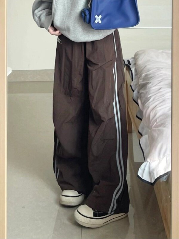 Houzhou กางเกงแฟชั่นสไตล์วินเทจสำหรับผู้หญิง, Y2k แนวสปอร์ตทรงหลวมอเมริกาแบบย้อนยุค