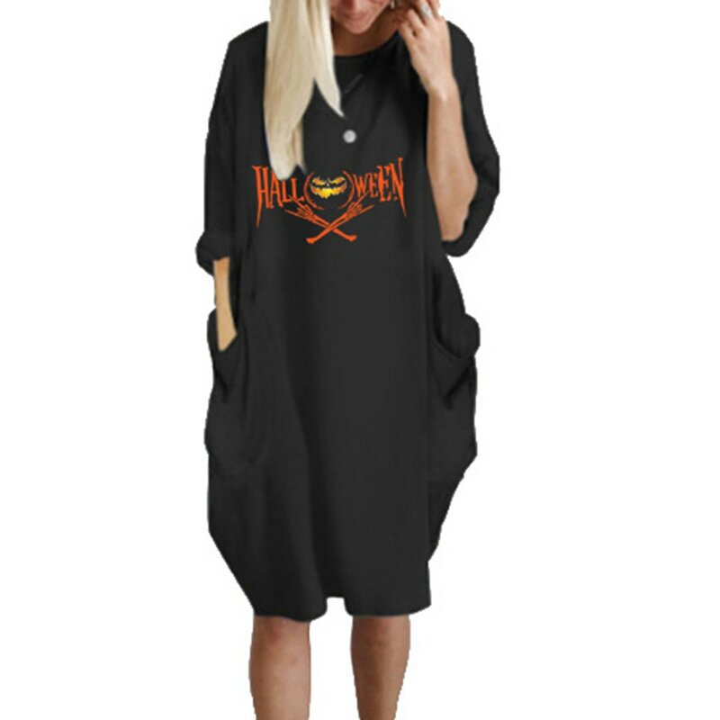 여성용 캐주얼 루즈핏 긴 소매 할로윈 단색 프린트 표현 셔츠, 여름 드레스, 맥시 드레스