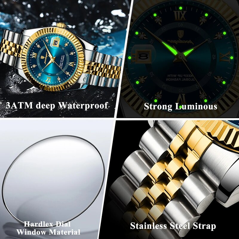 POEDAGAR-Relógio de pulso masculino de luxo, impermeável, luminoso, data, quartzo, aço inoxidável, relógios masculinos, caixa incluída