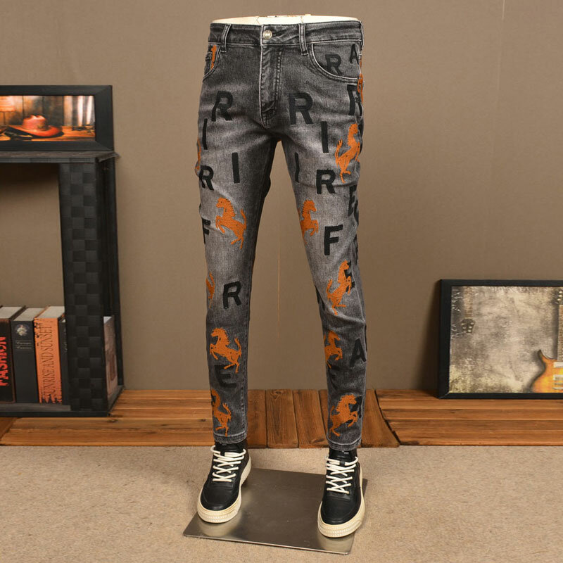 Джинсы мужские Стрейчевые в стиле ретро, Модные Винтажные облегающие джинсы с вышивкой, дизайнерские брюки из денима в стиле хип-хоп, Черные Серые
