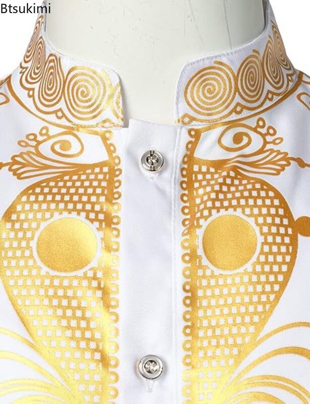 Conjunto de Top y pantalones con estampado dorado para hombre, traje musulmán de estilo étnico, informal, cuello levantado, Moda Africana, 2 piezas, 2024
