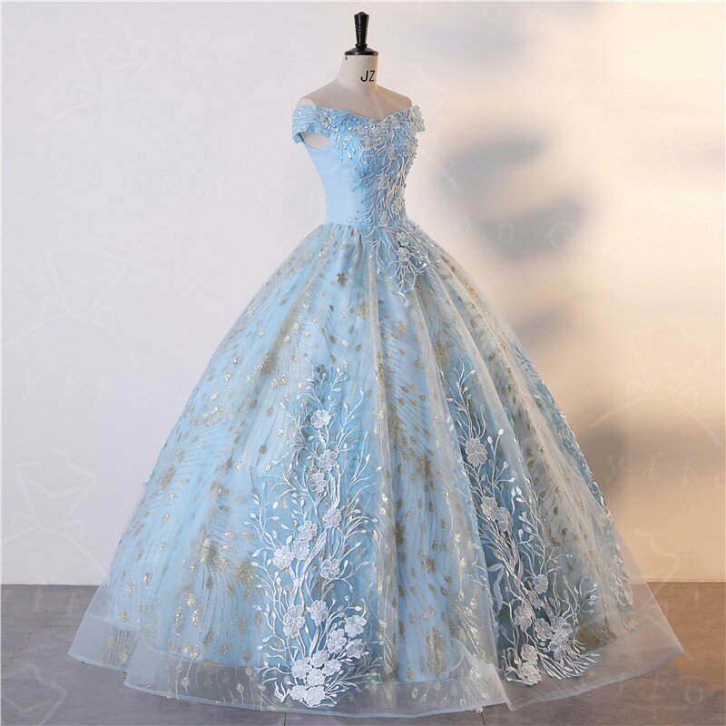 Lichtblauw Jurken Uit De Schouder Party Dress Luxe Kant Baljurk Glanzend Sequin Prom Dress Plus Size Vestidos