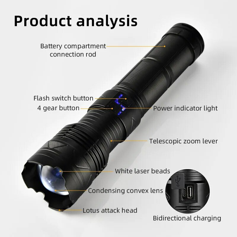 Lanterna de zoom LED recarregável de alta potência tática, longo alcance, lanterna muito poderosa, lanterna de carregamento USB, tocha com indicador