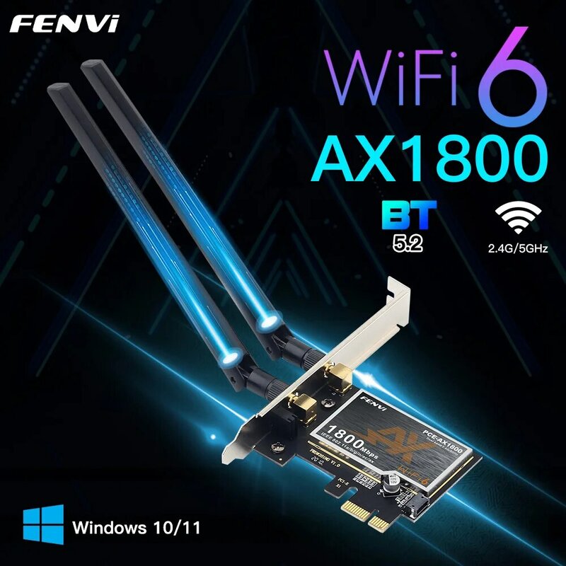 FENVI adaptor WiFi 6 PCIe, adaptor PCIe 1800Mbps AX1800 Desktop nirkabel BT5.2 802.11AX Dual Band 2.4G/5G kartu WiFi untuk Win10/11