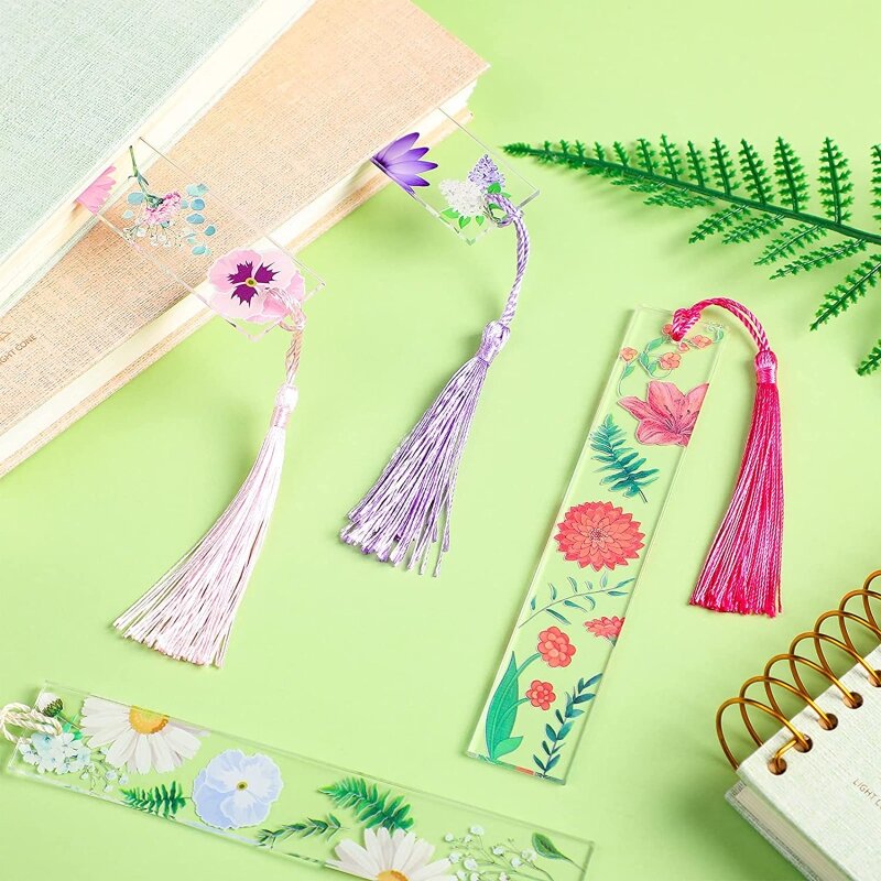 Marcapáginas acrílicos flores coloridas, marcador página Floral transparente, marcadores libro con borlas para lector y