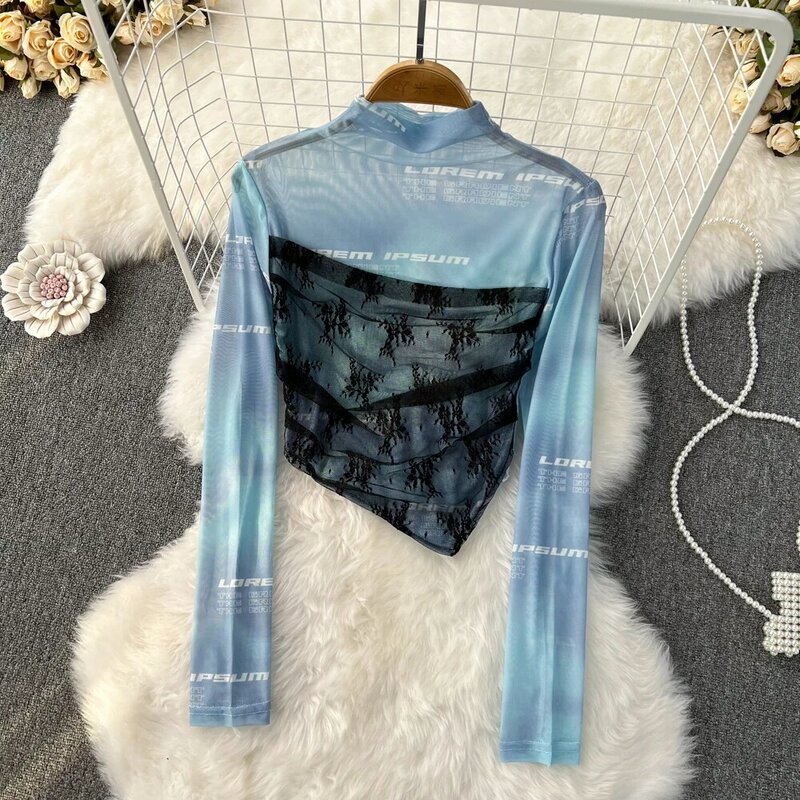 Gradient Mesh Sexy Women Top American Style Fashion Letter Long Sleeve Stand Neck Sheer Spring&Summer  Thin Sun Proof T Shirt
