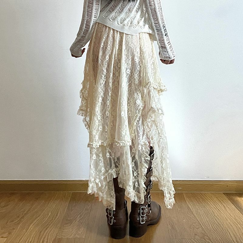 Deeptown koronkowe asymetryczna spódnica Fairycore damskie Vintage Y2K Boho estetyczna moda wysoka talia spódnice damskie stroje świąteczne