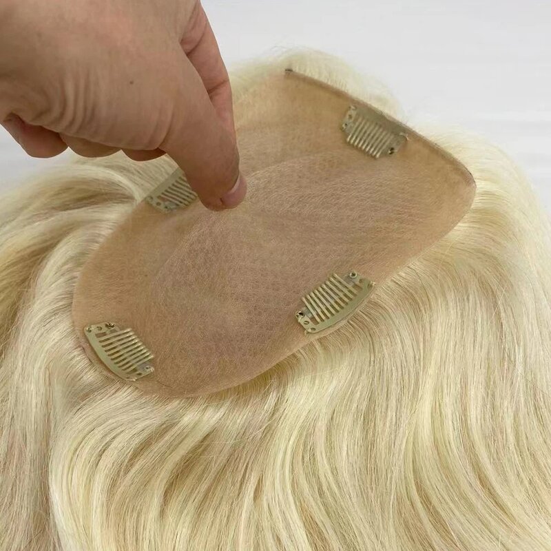 12x13cm rambut manusia pirang terang hiasan rambut Eropa Virgin dasar sutra dengan klip pada rambut palsu atas sutra untuk wanita 15x16cm