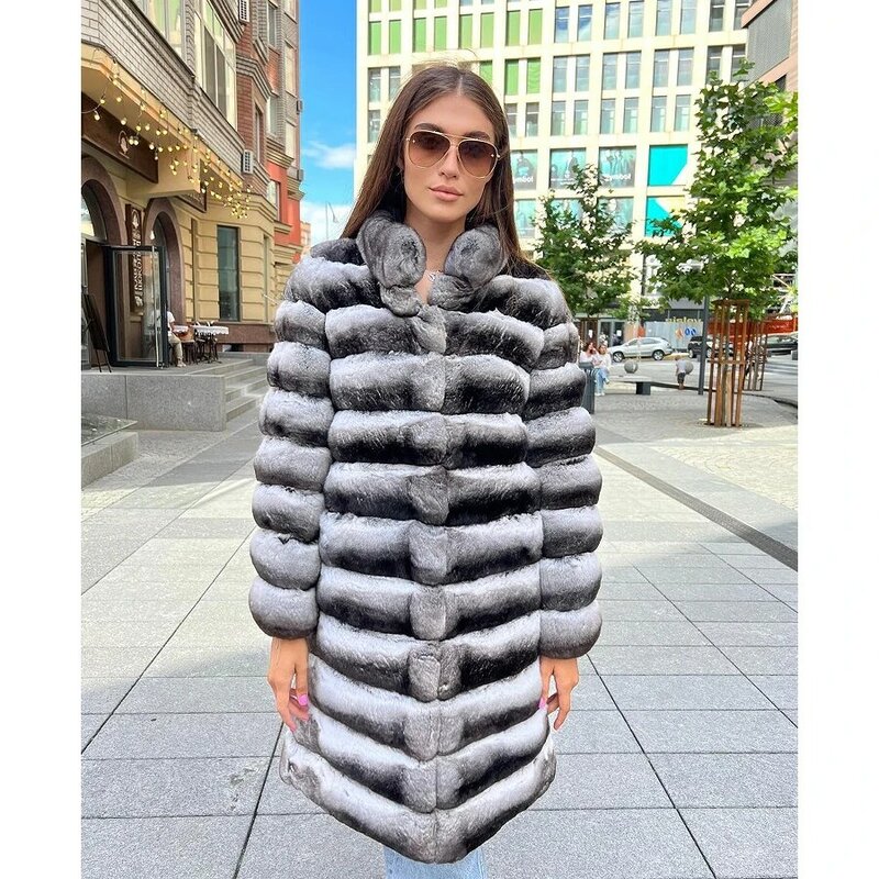 Jaqueta natural Rex Rabbit Fur para mulheres, Casaco de pele de coelho real, Gola, Outerwear de comprimento médio