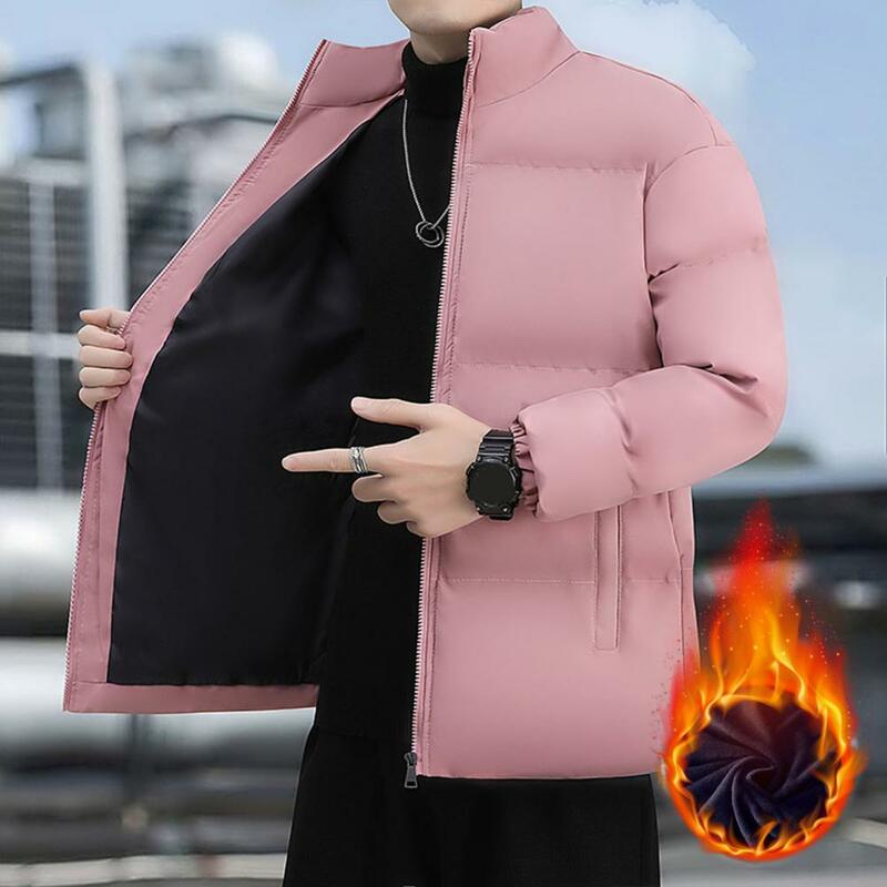 Mantel katun pria, jaket katun warna polos, jaket tahan angin Premium pria dengan kerah berdiri penahan panas leher untuk luar ruangan