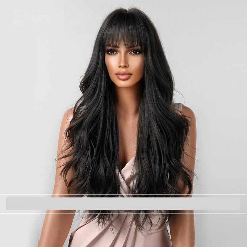 Synthetic Full Bangs Wig For Women With Full Headband Long Curly Hair Simulated Scalp Natural Glueless Wigs Hair Ready To Wear.