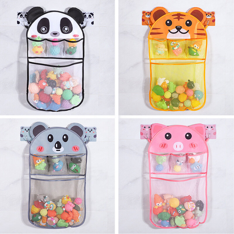 Soporte multifunción para juguetes de baño, organizador de baño de malla con dibujos de animales Kawaii para bebé, bolsa de cochecito con 2 ganchos de piezas