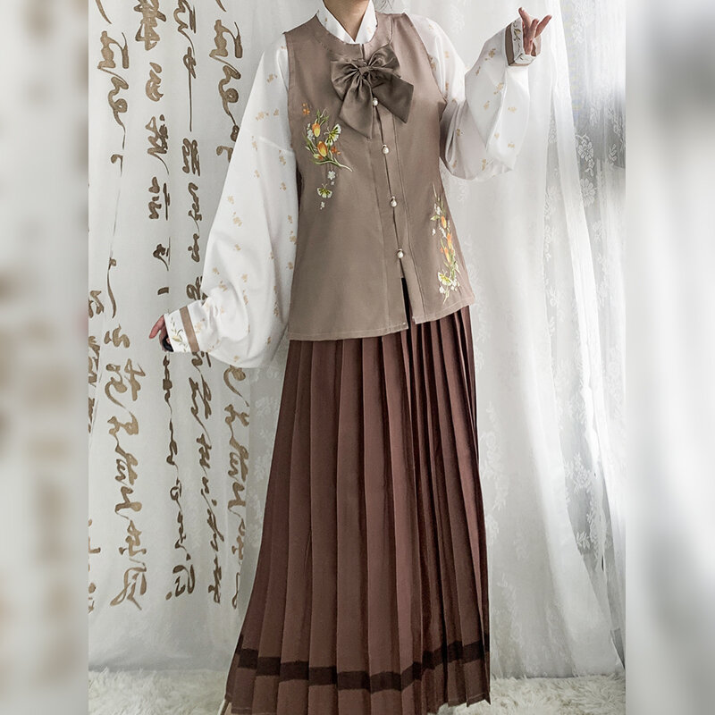 Falda de cuello redondo bordada de la dinastía Ming Hanfu Han Elements JK, uniforme, Falda plisada, pajarita