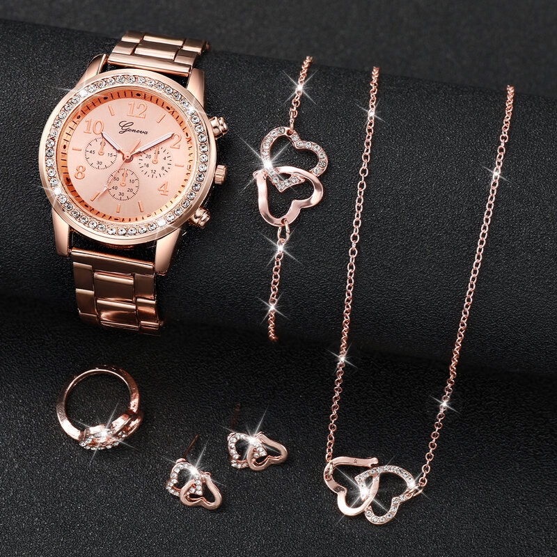 6pcs/set Women Luxury Stainless Steel Quartz Watch & Love Heart Jewelry Set
