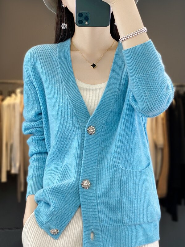 Aliselect-cárdigan de lana merina para mujer, suéter de manga larga con cuello en V, Tops de cachemira, ropa de primavera e invierno