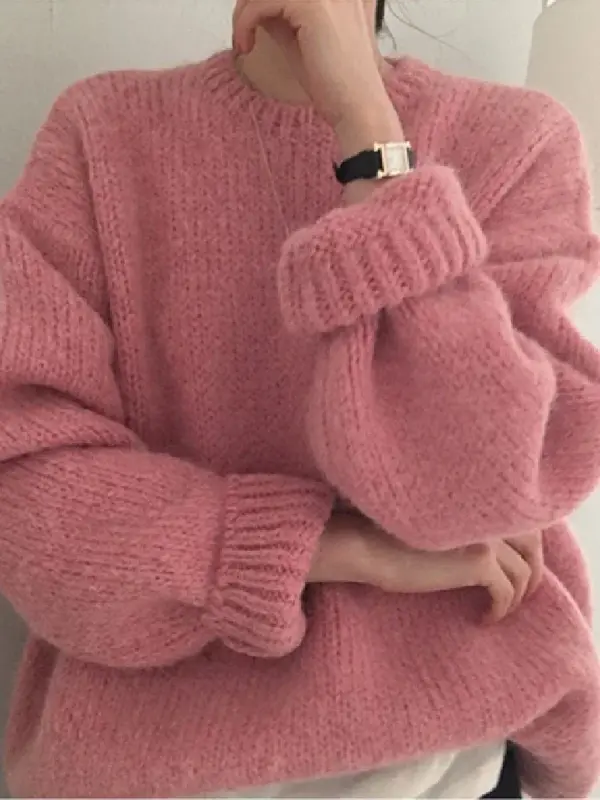 Sweter Wanita Merah Muda 10 Warna Sweater Musim Dingin Wanita Pullover Rajutan Wanita Overszie Pakaian Luar Rajutan Longgar Lengan Panjang Putih
