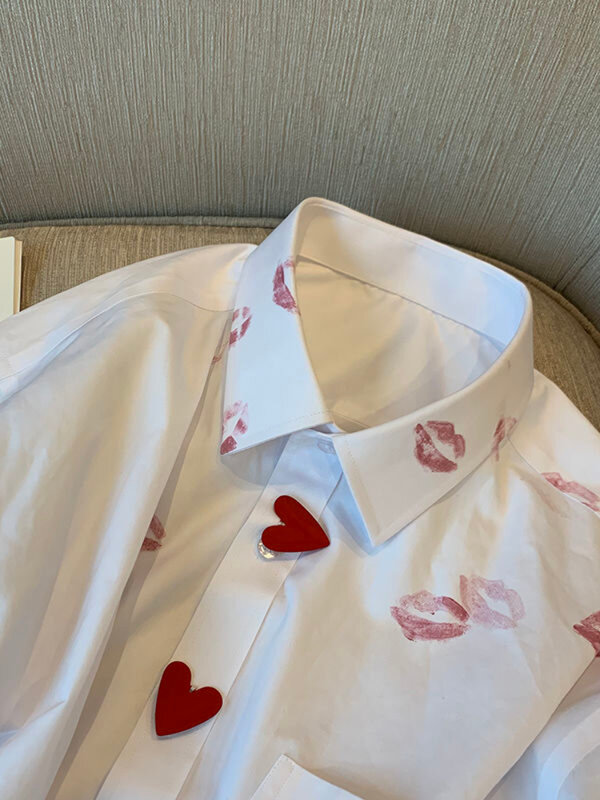 Deeptown camicetta con stampa rossetto stile coreano donna Harajuku camicia oversize elegante allentato Casual All-match Button top Streetwear