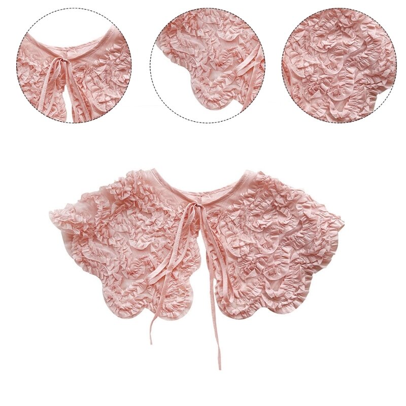 B36D Lace Up Pink Fake Collar for Women 3D Ruffled Ruched Necklace Mini Shawl Wrap