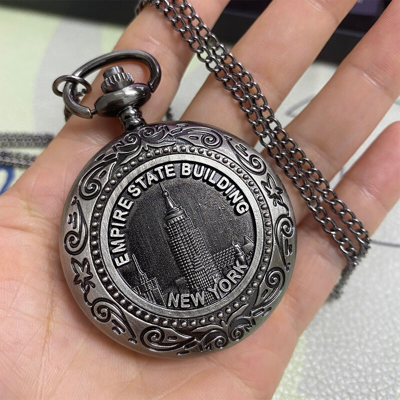 Винтажные Потрясающие кварцевые карманные часы с изображением здания империи Нью-Йорка, цепочка-брелок в стиле стимпанк, подвеска-ожерелье, часы, подарок для мужчин и женщин