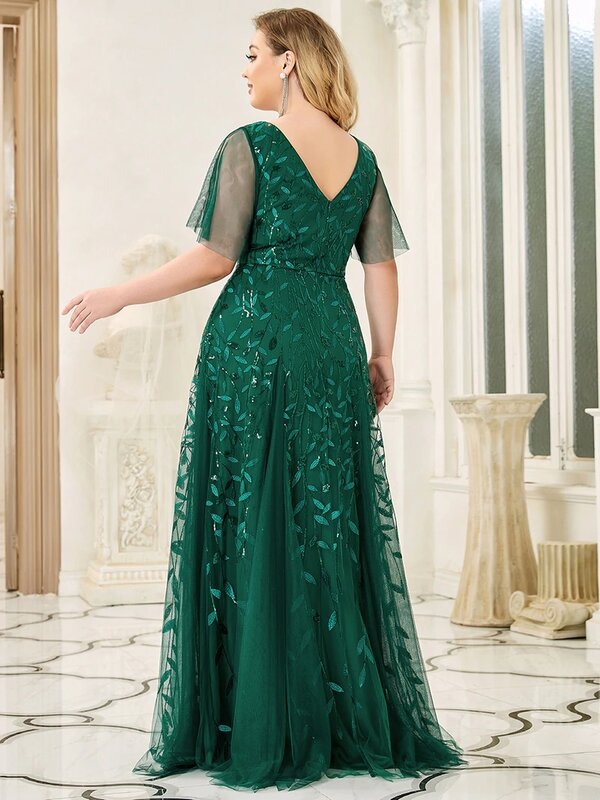 非常にかわいい-長いイブニングドレス、大きいサイズ、vネックレス、ハーフスリーブ、床の長さ、大きなサイズ、緑、女性用、2024