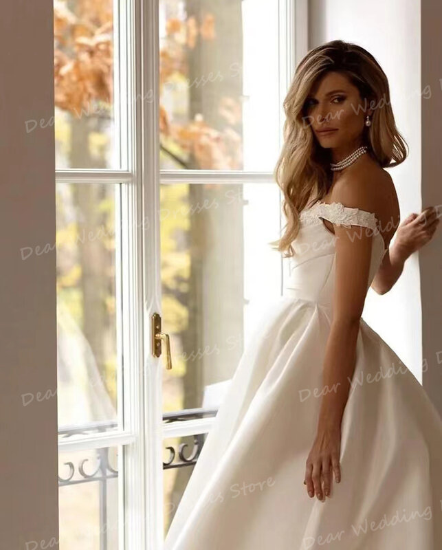 2024 Gorgeous Satin Wedding Dresses Sexy A Line Sleeveless Bridal Gowns Women's Backless Sweetheart Off Shoulder Formal Vestidos