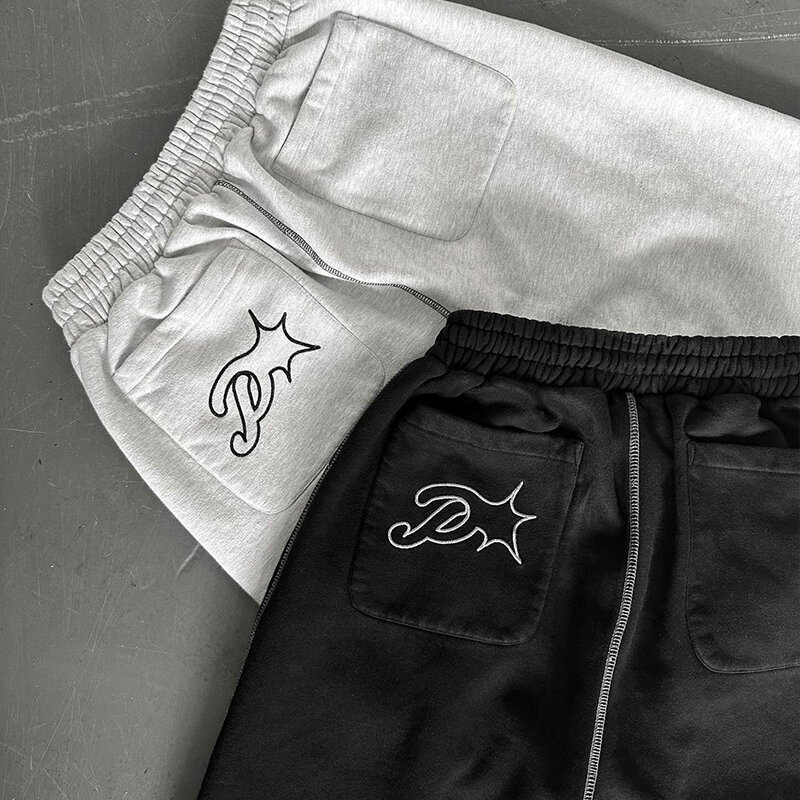 Y2K Sweat Pants Men Embroidered High Street Fashion Drawstring Leg Tie Pants Street Casual Oversized Cotton Straight Leg Pants