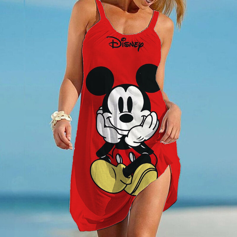Женские пляжные платья Disney-платья с Микки и Минни для женщин, лето 2022, модные привлекательные облегающие пляжные повседневные платья большого размера с принтом на бретельках