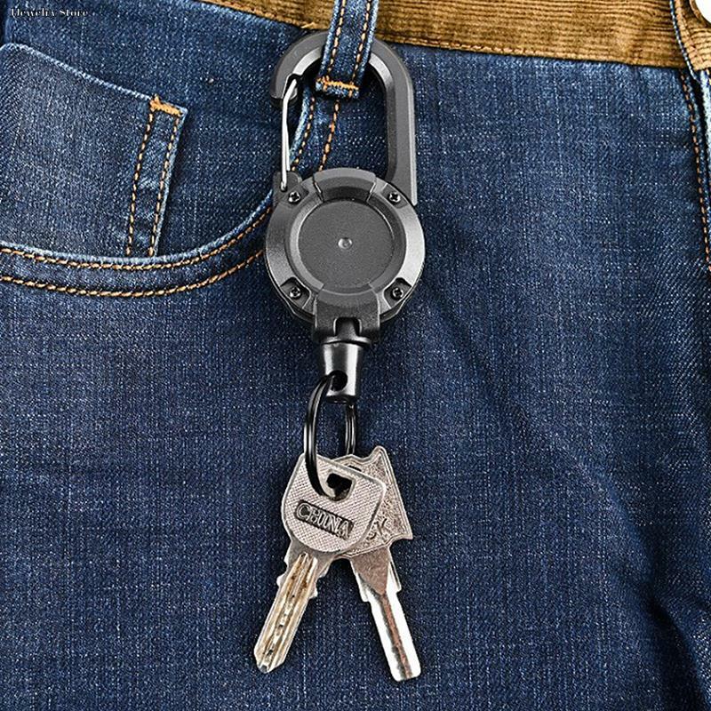 1 buah gantungan kunci elastis tali gesper logam anti-maling, gantungan kunci kartu ID Ski antihilang mudah ditarik