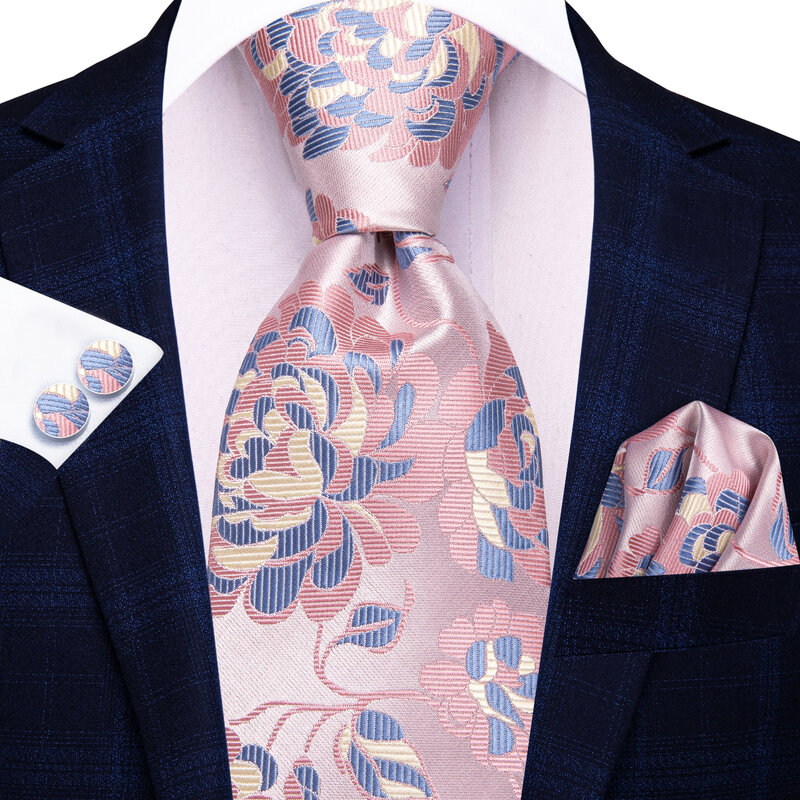 Hi-Tie Floral Pink Elegant Men Tie Jacquard Necktie Accessory Daily Wear Cravat Wedding Business Party Hanky Cufflink Wholesale