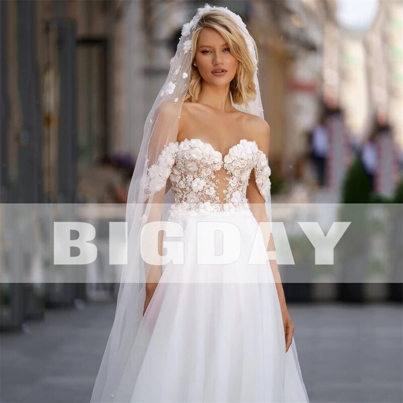 Elegant A-Line Wedding Dresses Sweetheart Off The Shoulder Open Back Lace Tulle Bridal Gown Sweep Train Vestidos De Noiva 2024
