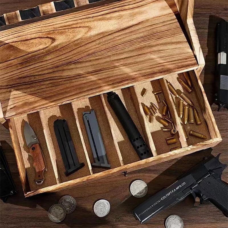 Cremalheira de pistola de madeira para revólver, exposição de armas, cofre com gaveta