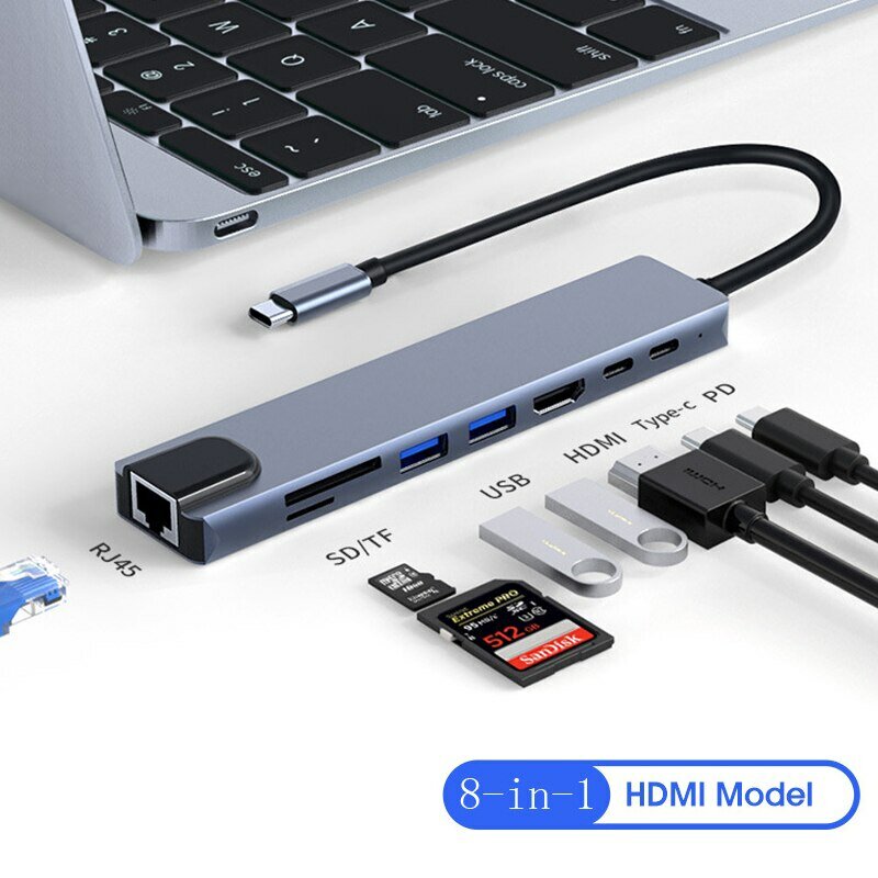 8in1 USB C HUB 타입 C 스플리터 4K 썬더 볼트 3 도킹 스테이션 노트북 어댑터 맥북 에어 M1 아이 패드 프로 RJ45 HDMI 컴퓨터