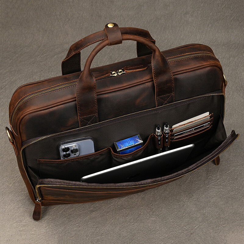 Men Briefcase Genuine Leather Laptop Bag 14 15.6" PC Doctor Lawyer Computer Bag Cowhide Male Briefcase Leather Men Business Bag