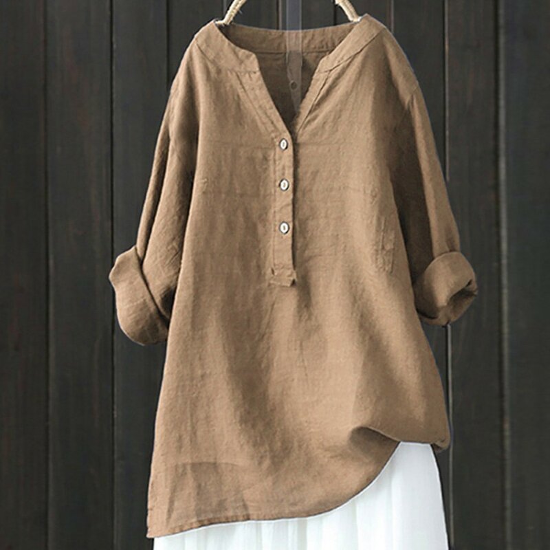 Camisa de manga comprida de algodão e linho feminina, blusa solta, gola alta, cor sólida, botão, Simplicidade