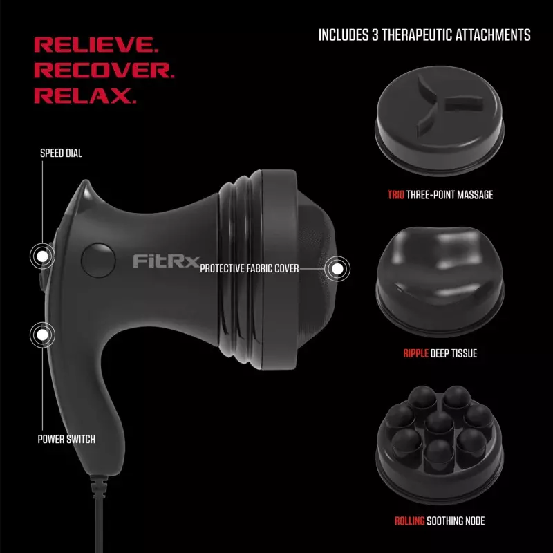 FitRx-Handheld Shiatsu pescoço e costas massageador, várias velocidades e anexos